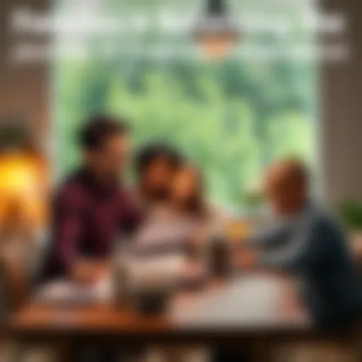 A family sitting at a table, budgeting and discussing financial goals with children present.