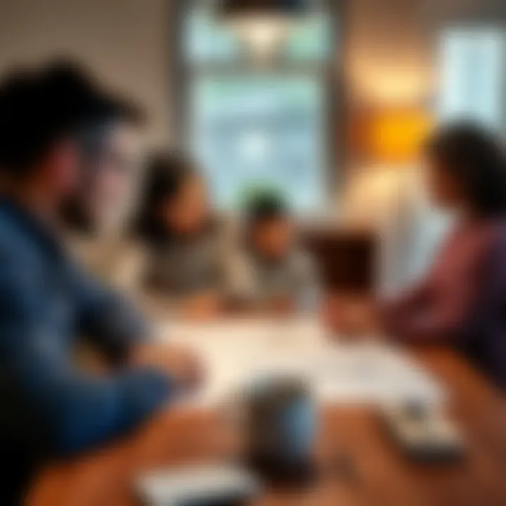 Family Planning for Early Retirement A 28-year-old man reviewing financial plans with his family around a table, discussing investment strategies for retirement.