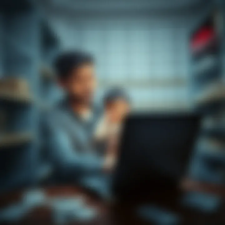 A worried parent holding a baby, looking at a laptop with a worried expression, surrounded by empty shelves and bills, symbolizing financial distress after account freeze.