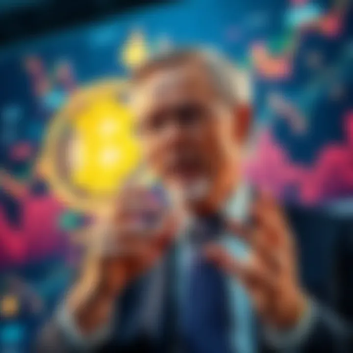 Nigel Farage discusses 10% Capital Gains Tax on cryptocurrency with a backdrop of digital currency symbols and charts