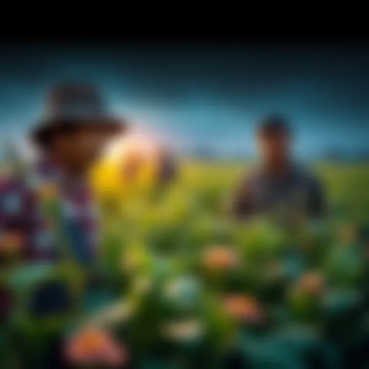 Farmers looking worried while examining XCH plants in a field affected by low prices