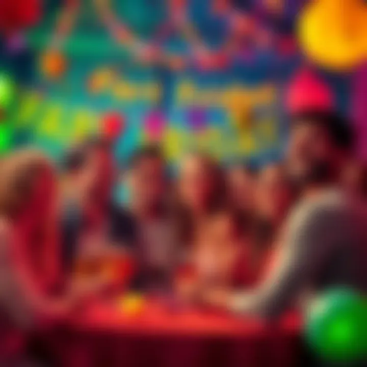 Fart Friday Celebration A humorous gathering of friends laughing together, surrounded by colorful decorations and playful atmosphere.