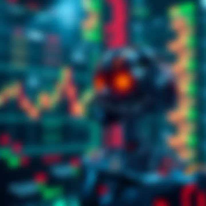 A sleek digital representation of a fast copy trading bot operating on the Solana network, with graphs and charts indicating high-speed trading activity.