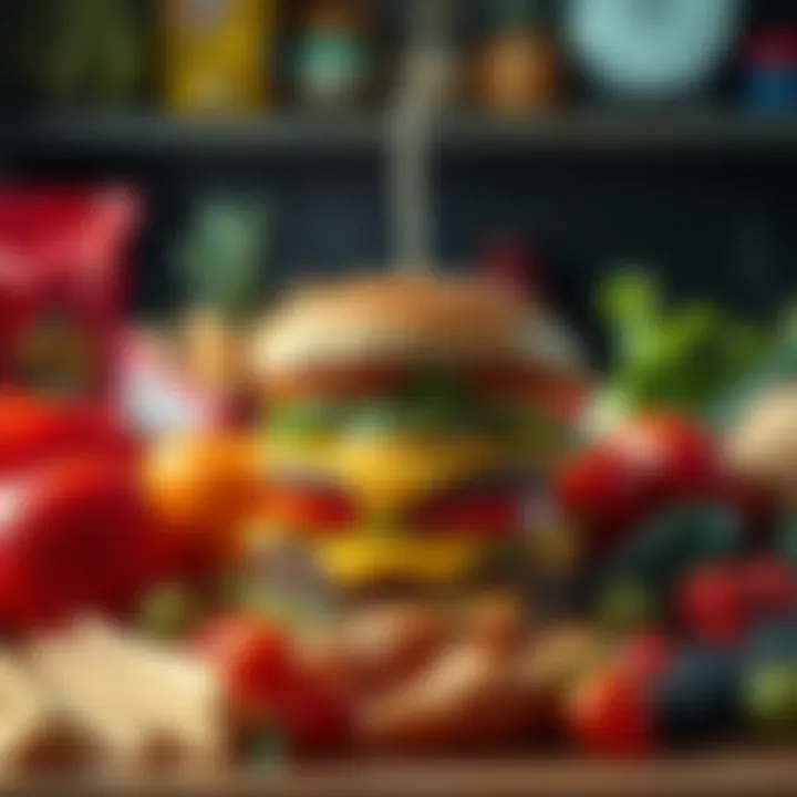 A burger surrounded by health food items, symbolizing the conflict between fast food and healthy eating habits.