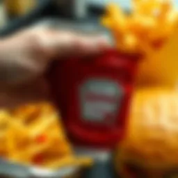 A close-up of a hand holding multiple ketchup packets next to a fast food meal