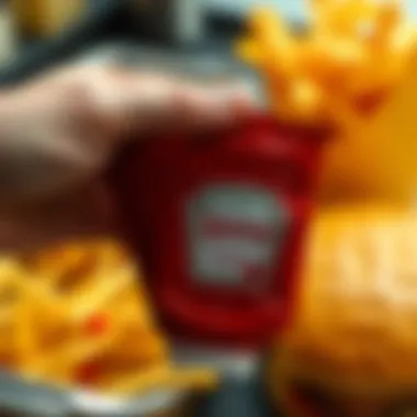A close-up of a hand holding multiple ketchup packets next to a fast food meal