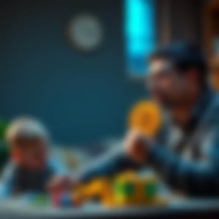 A father thinking about investing in Bitcoin, holding a Bitcoin symbol while looking at his young sons playing with toys.