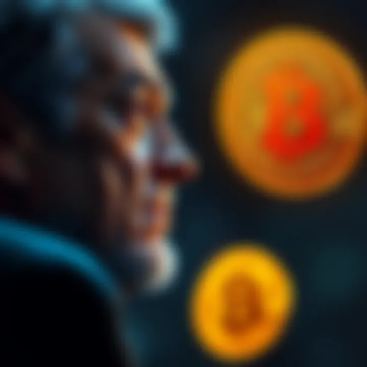 A worried father looking at a Bitcoin symbol, thinking about leaving his fortune to his children, who may not value money.