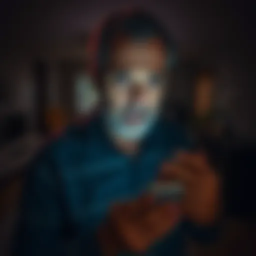 A sad father looking worried while holding a phone, with a backdrop of a dark room, symbolizing his financial struggle after losing his daughter and facing issues with Revolut.