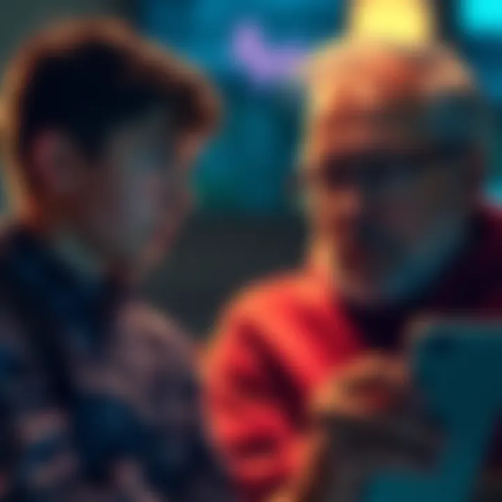 Father sharing XRP news on social media A concerned son watches as his father shares exaggerated claims about XRP on social media, looking worried about potential scams.