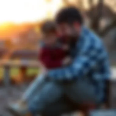 A father kneels beside his son, sharing a warm moment outdoors, teaching him life lessons through their shared experience.
