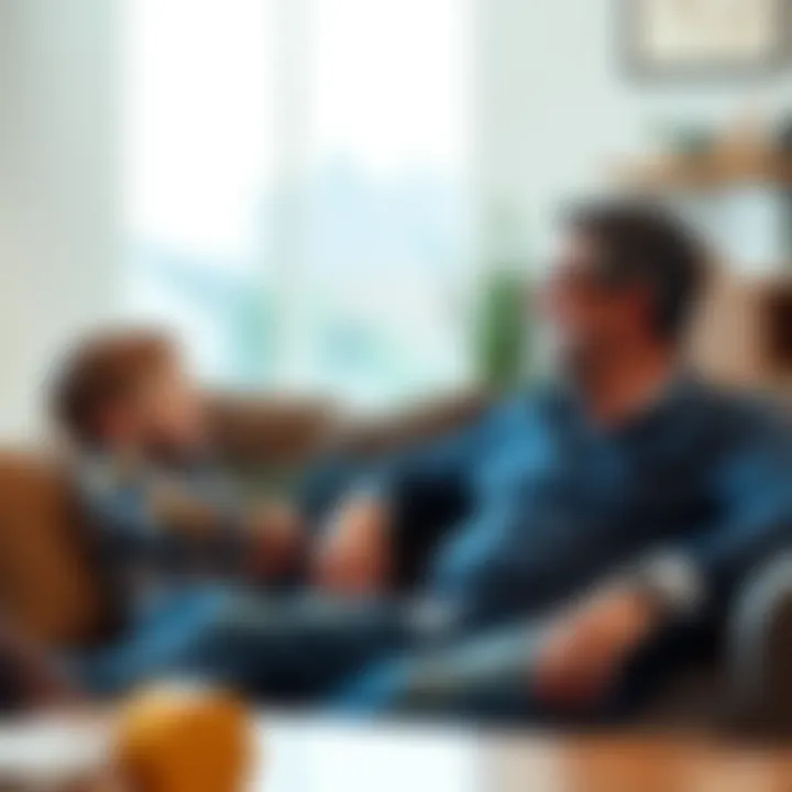 A father and son sitting together on a couch, sharing a conversation and smiling, showcasing a supportive family bond
