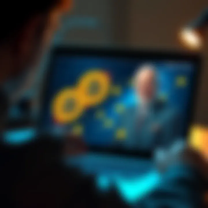 A person looking at a laptop screen displaying Bitcoin symbols and a photo of their deceased father, symbolizing inheritance and digital assets.