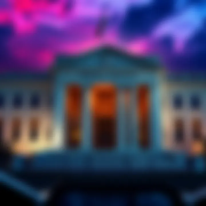 Federal Reserve building with a sign indicating steady interest rates amidst political discussions.