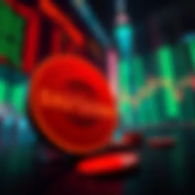 A visual representation of a halted cryptocurrency market with a shutdown sign and digital coins