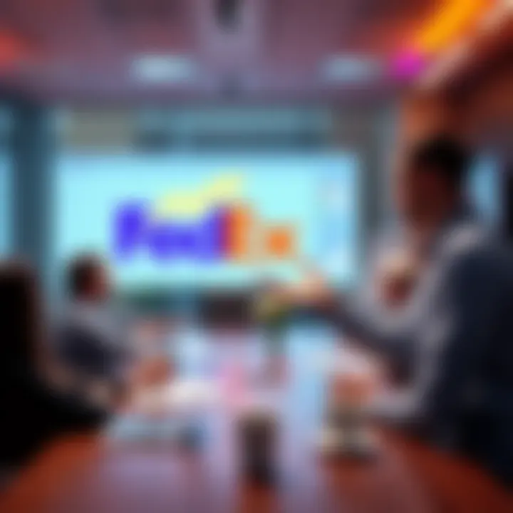 A FedEx strategist discussing blockchain technology and Hedera, showcasing logistics charts and data visuals in a meeting room.