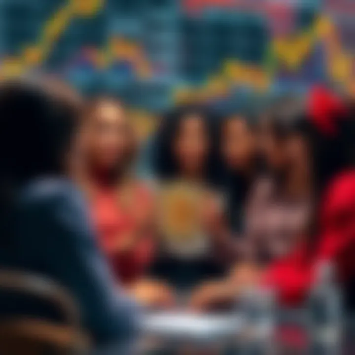 A group of diverse female influencers discussing Bitcoin, with charts and graphs in the background indicating market trends.