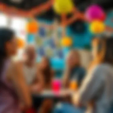Femme Bottom Identity A cheerful group of people engaged in a lively conversation about identity, featuring colorful decorations and a welcoming atmosphere.
