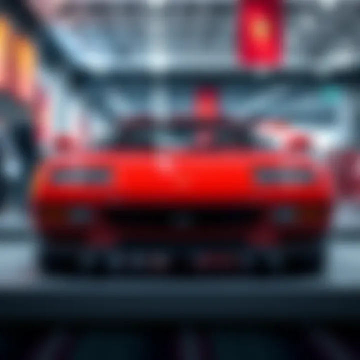 A pristine Ferrari 348 sports car showcased at an auto event, highlighting its classic design and shiny exterior.