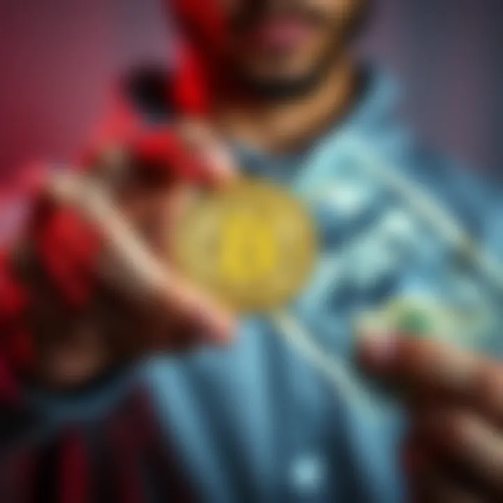 A person holding a Bitcoin in one hand and fiat currency in the other, symbolizing the debate between cryptocurrencies and traditional money.
