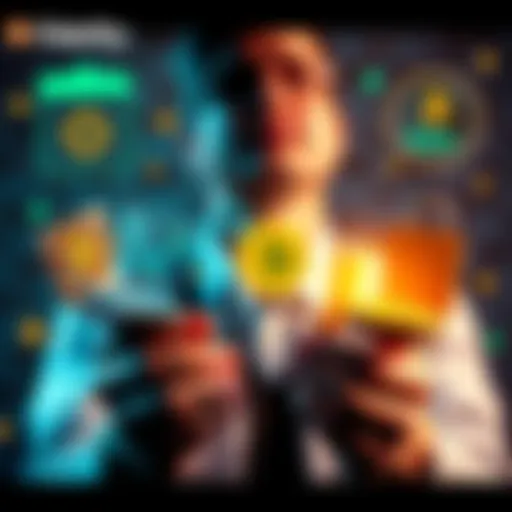 A person weighing options between Bitcoin security methods, including a cold wallet and Fidelity, with visual representations of wallets and security features.