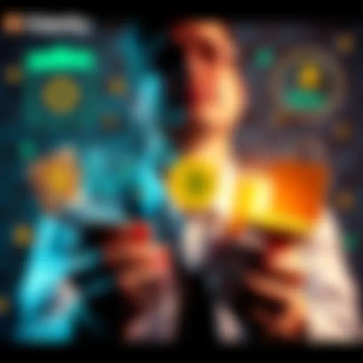 A person weighing options between Bitcoin security methods, including a cold wallet and Fidelity, with visual representations of wallets and security features.