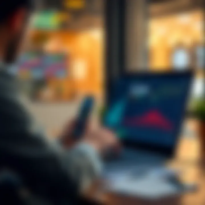 A person calculating taxes with a laptop and cryptocurrency charts on the screen, representing the process of filing taxes without a Kraken 1099 form.