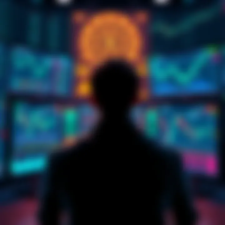 A person analyzing cryptocurrency data on multiple screens while surrounded by charts and graphs, representing the effort to filter out market noise.