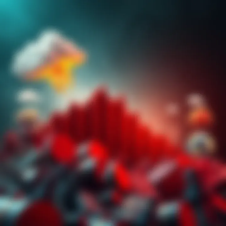 A graph depicting a steep decline in financial resources with images of natural disaster icons around the edges, representing the idea of societal collapse due to mismanagement.