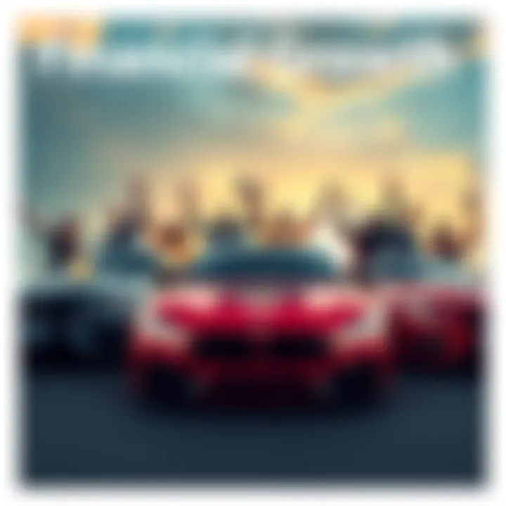 A group of car enthusiasts celebrating with their vehicles, holding $POWSCHE tokens, symbolizing financial freedom.