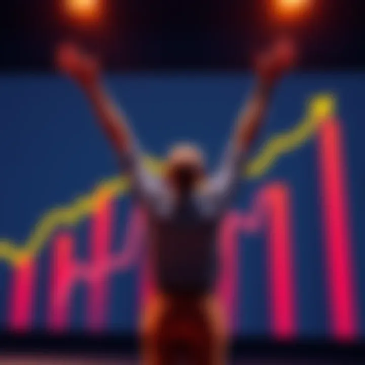 A person raises arms in joy, standing in front of a large graph showing growth in income, symbolizing financial success.