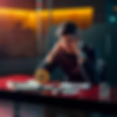 Person weighing financial choices A person sitting at a table with a Bitcoin symbol and money, looking torn between spending and investing.