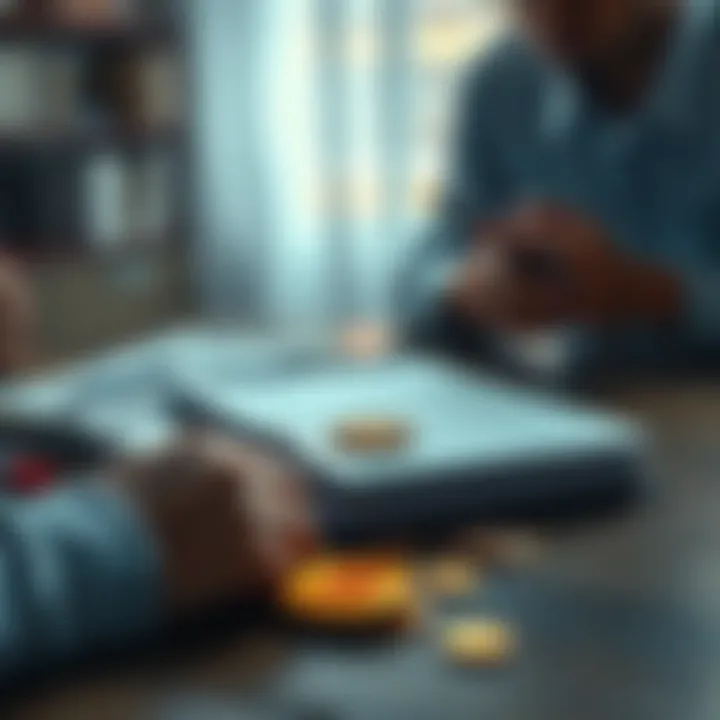 Financial savings and Bitcoin investment A person contemplating financial decisions with a notebook, coins, and a Bitcoin symbol on the table