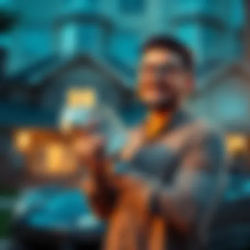 A person holding a stack of money with a big smile, standing in front of a house and car symbolizing financial success