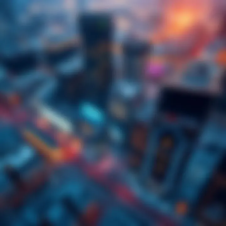 Financial Market Dynamics Aerial view of a bustling financial district with digital overlays of market trends