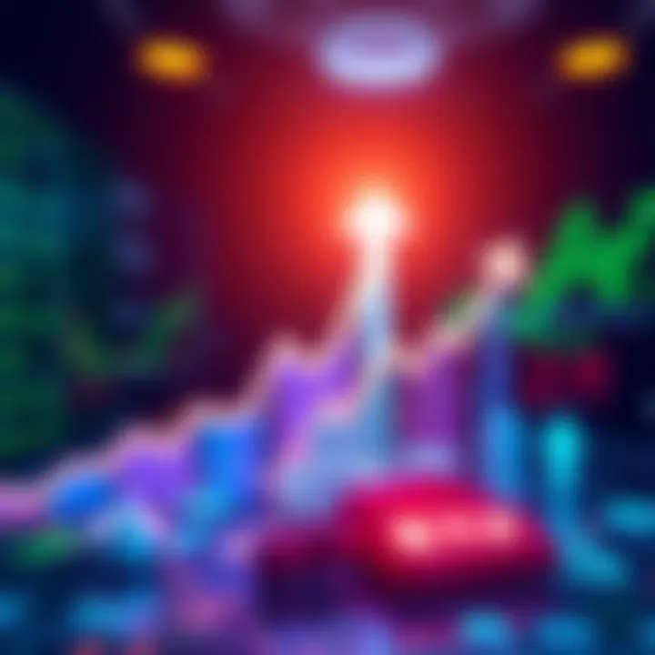 A graphic displaying stock market trends with upward arrows, alongside symbols for ETFs and commodities, signifying financial growth and opportunities.