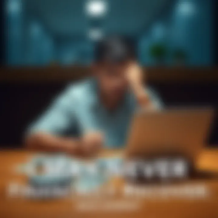 Individual sitting at a table looking stressed with bills and a laptop, representing financial struggles.