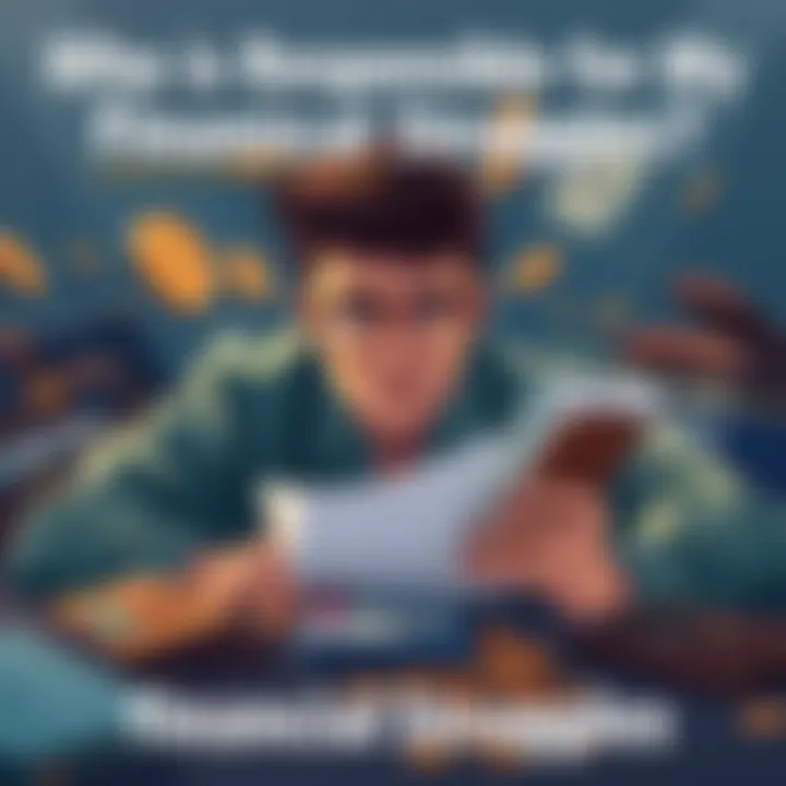 A worried person looking at bills and a calculator, surrounded by empty wallets and coins