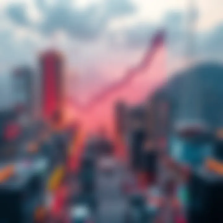 A graphical representation of soaring financial transactions, depicting upward trends and a bustling market atmosphere.