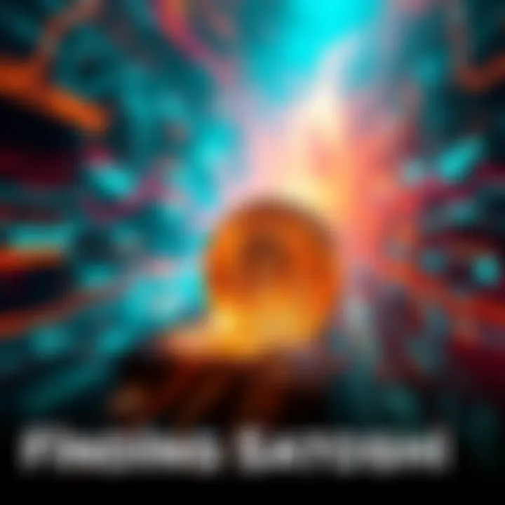 A scene from the Finding Satoshi trailer showing a digital representation of cryptocurrency with abstract graphics.