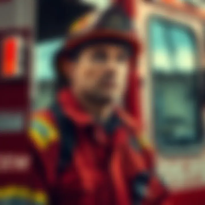 A firefighter in uniform looks thoughtful while standing next to a fire truck, considering his future options.