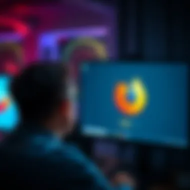 A frustrated person staring at a computer screen with a loading icon, indicating problems signing into Firefox on Windows 10 after an update.