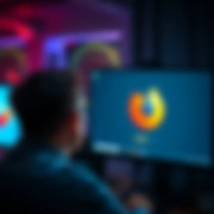 A frustrated person staring at a computer screen with a loading icon, indicating problems signing into Firefox on Windows 10 after an update.