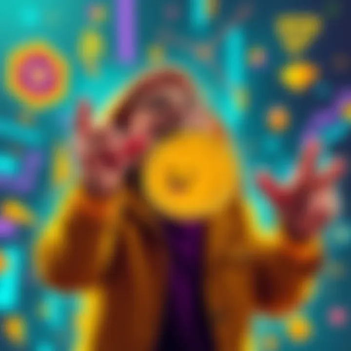 Person celebrating while holding a Doge token with a joyful expression, surrounded by crypto themed graphics and bright colors