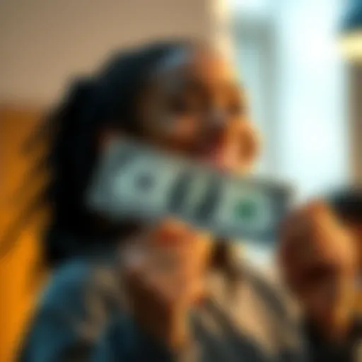 A smiling person proudly holds their first dollar bill in their hand, celebrating a personal achievement.