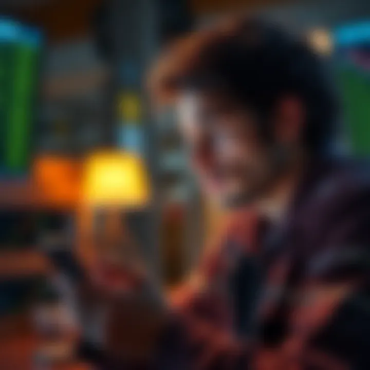 A person looking at a Bitcoin chart on their phone, showing signs of nervousness while preparing to place a trade.