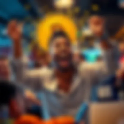 A thrilled new investor celebrating a 6% gain after purchasing Bitcoin, showing excitement and satisfaction in a lively setting.