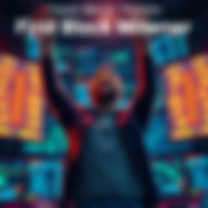 A person celebrating the achievement of hitting the first block using HashWatcher, surrounded by digital screens showing blockchain data.