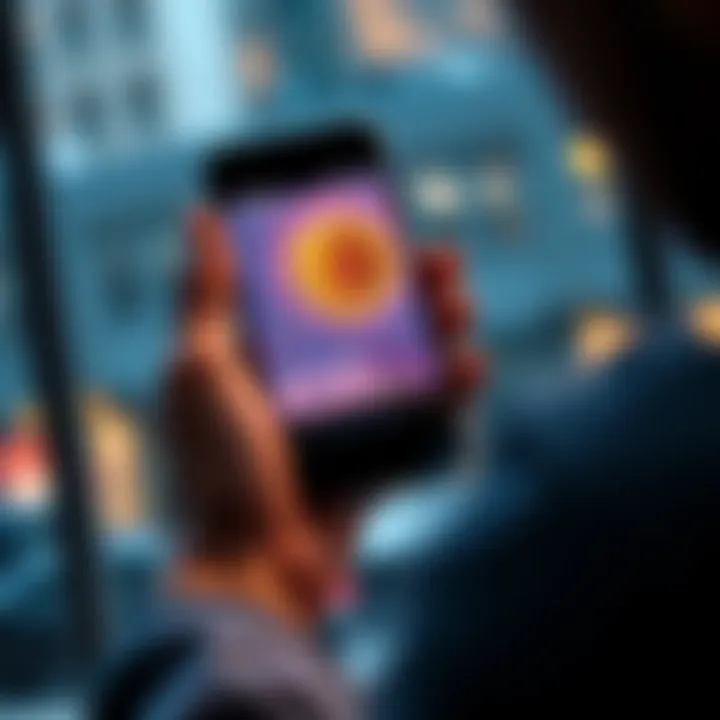 First DCA Investment in Bitcoin A person holding a smartphone displaying a Bitcoin graph with a โฌ50 note nearby