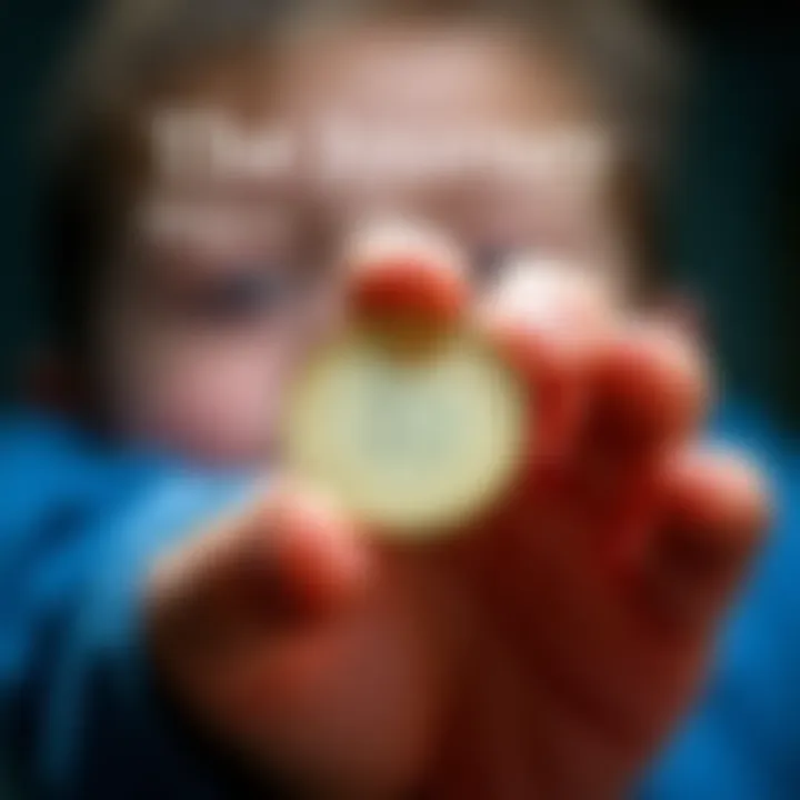 A close-up of a child's hand holding a shiny coin, symbolizing the first steps towards financial literacy and achievement.